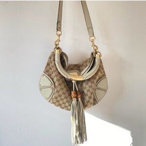 Gucci Beige GG Canvas Hobo with Ivory Leather Tassel
